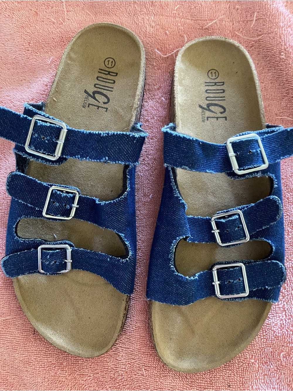 1-Denim pair of Slide Sandal Insole Detail and Triple buckles